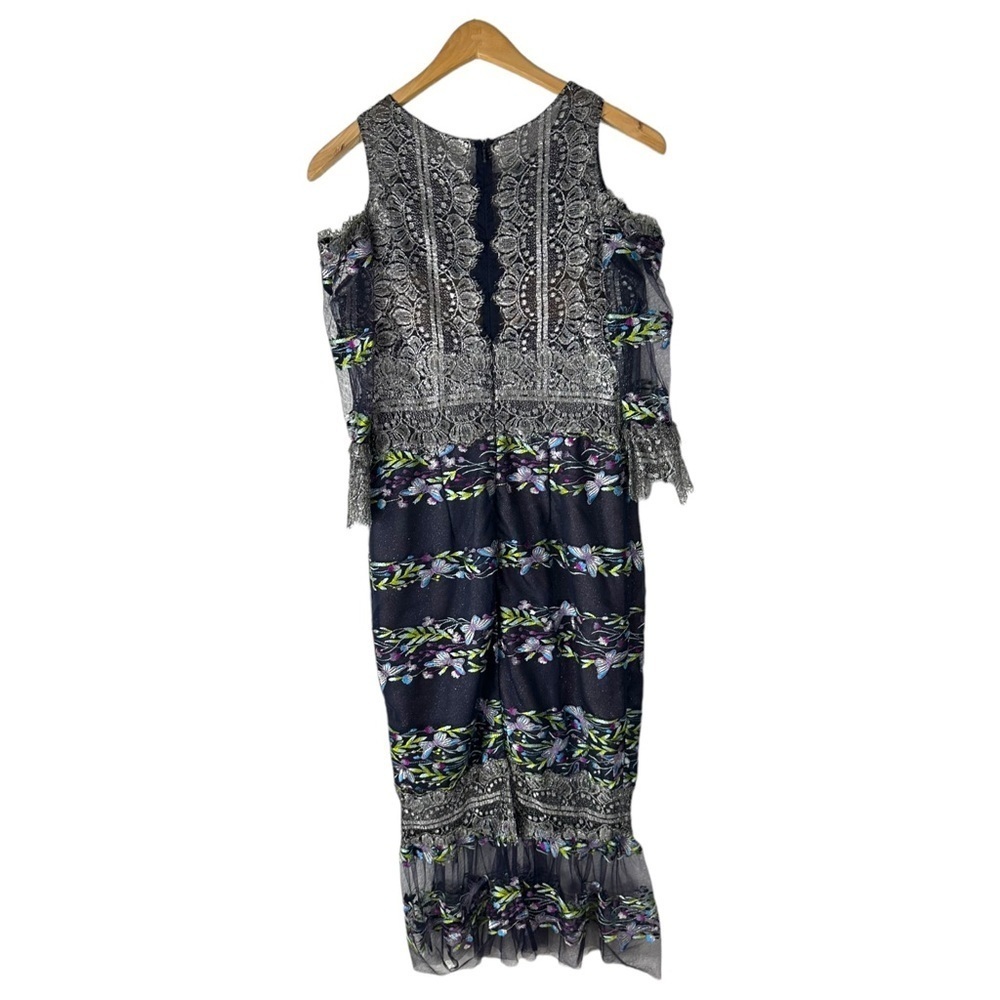 Marchesa Notte Cold Shoulder Metallic Lace Embroidered Tulle Dress - Picture 9 of 12